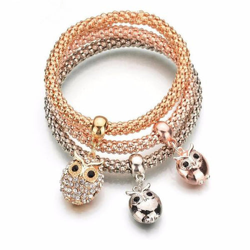Tri-Color Bangle Sparkly Owl Bracelet Set