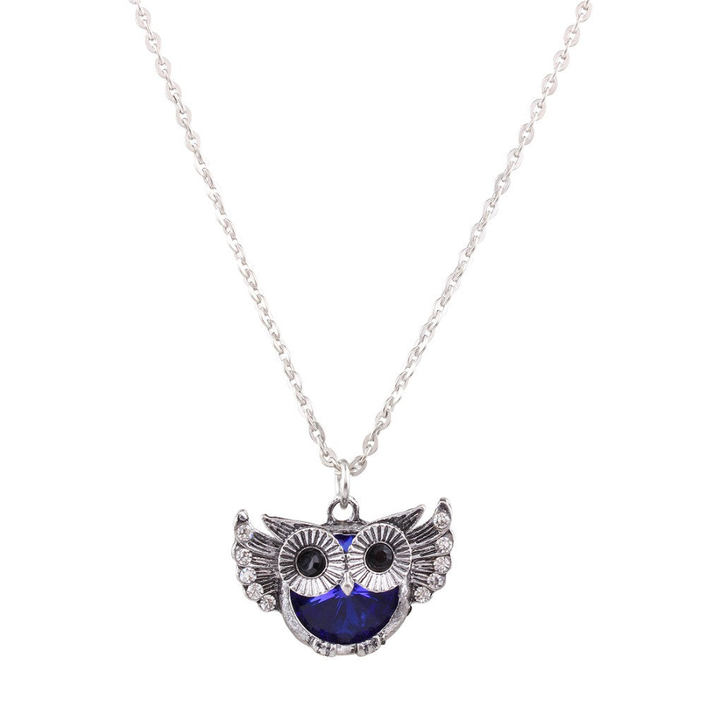 Blue Crystal Owl in Flight Necklace