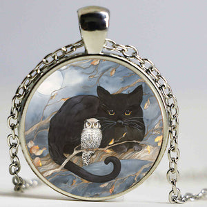 Cat And Hawk Owl Pendant Necklace